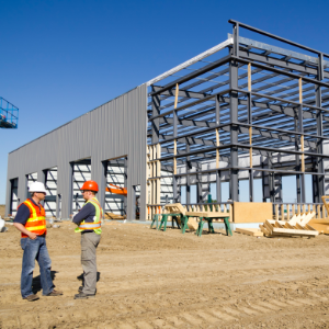 Two construciton workers speaking in front of unfinished steel frame building